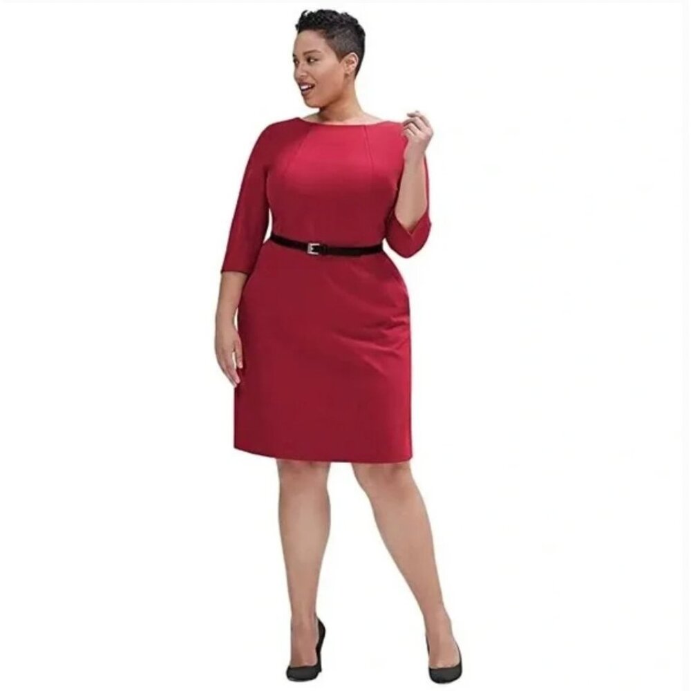MM.LaFleur Etsuko Dress Womens 2X Red 3/4 Sleeve Sheath Pockets Knee Length